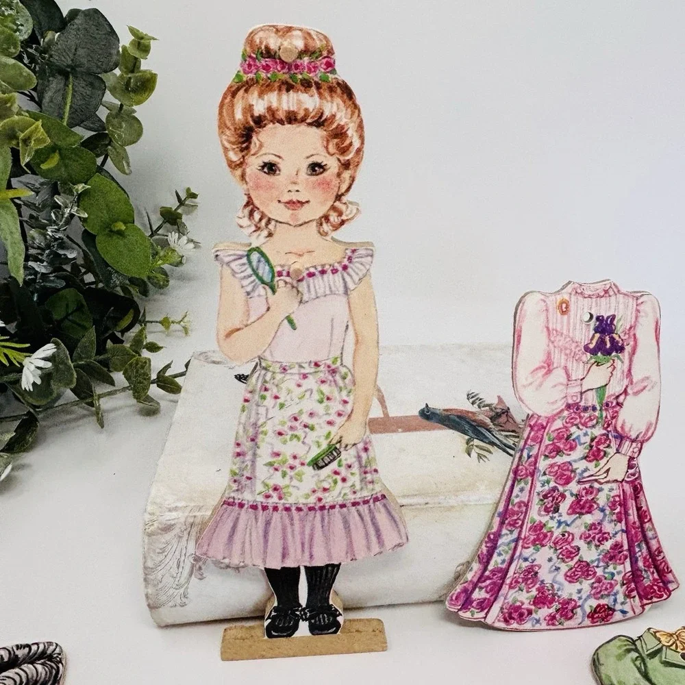 Vintage Wooden Paper Dolls Victorian Dress Up & Fireplace Lot Cottagecore